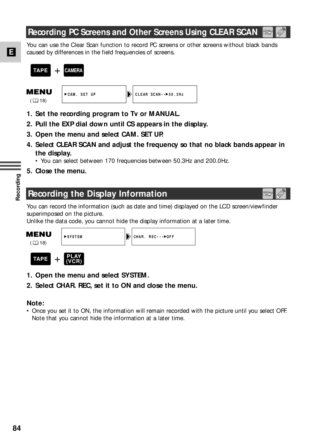 Canon XM2 PAL instruction manual Recording PC Screens and Other Screens Using Clear Scan, Recording the Display Information 