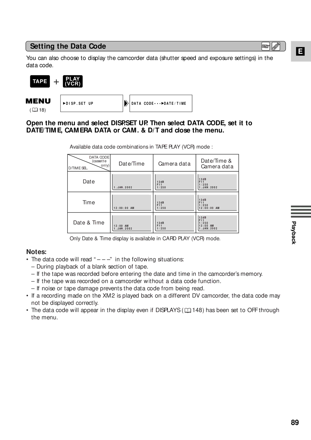 Canon XM2 PAL instruction manual Setting the Data Code, Date & Time 