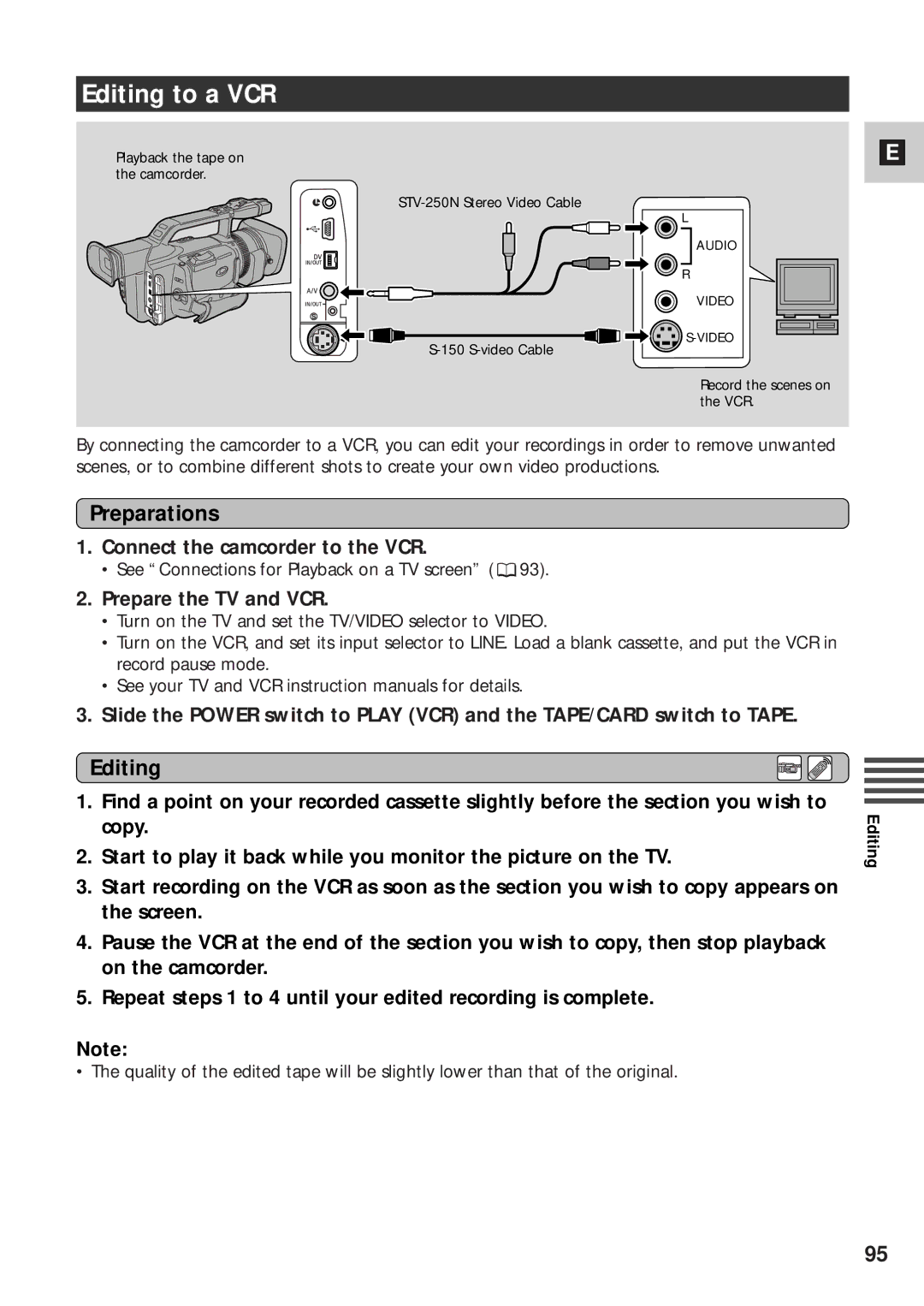 Canon XM2 PAL instruction manual Editing to a VCR, Connect the camcorder to the VCR, Prepare the TV and VCR 