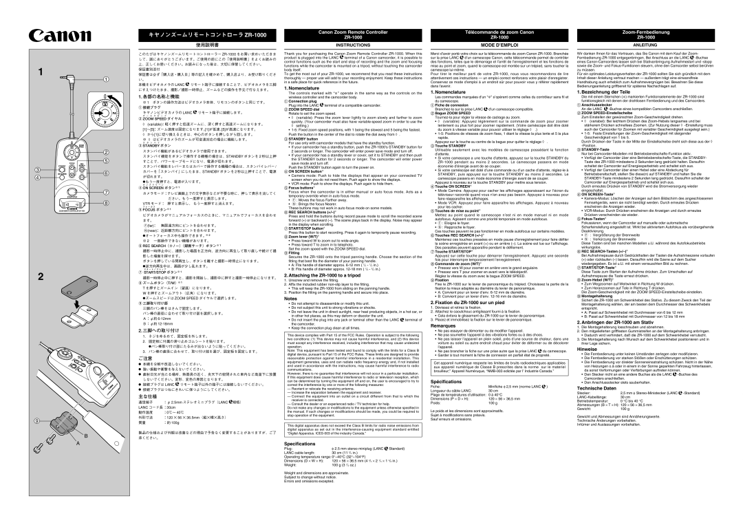 Canon specifications Nomenclature, Attaching the ZR-1000 to a tripod, Specifications, Fixation du ZR-1000 sur un pied 