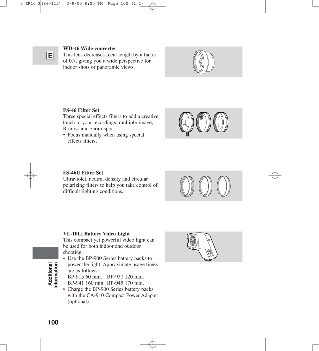 Canon zr10 instruction manual 100, WD-46 Wide-converter, FS-46 Filter Set, FS-46U Filter Set, VL-10Li Battery Video Light 