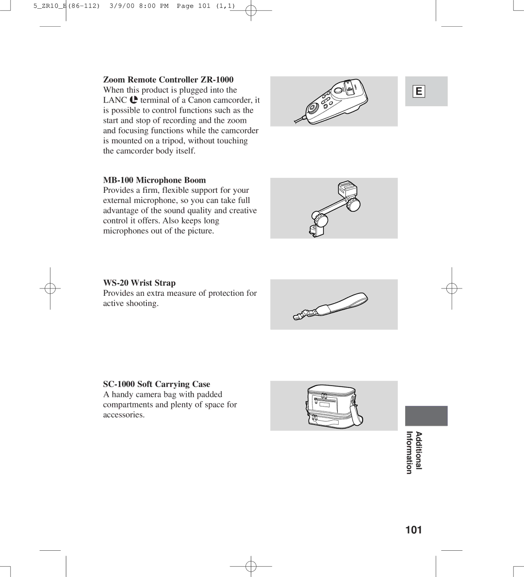 Canon zr10 instruction manual 101, WS-20 Wrist Strap, SC-1000 Soft Carrying Case 