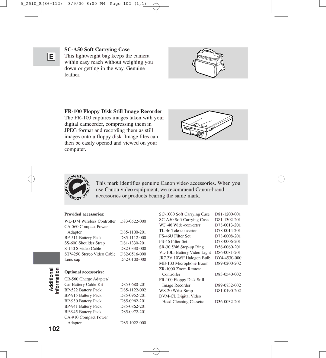 Canon zr10 instruction manual 102, SC-A50 Soft Carrying Case 