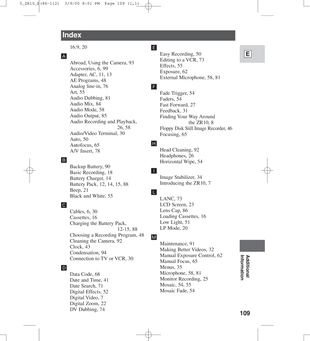 Canon zr10 instruction manual Index, 109 