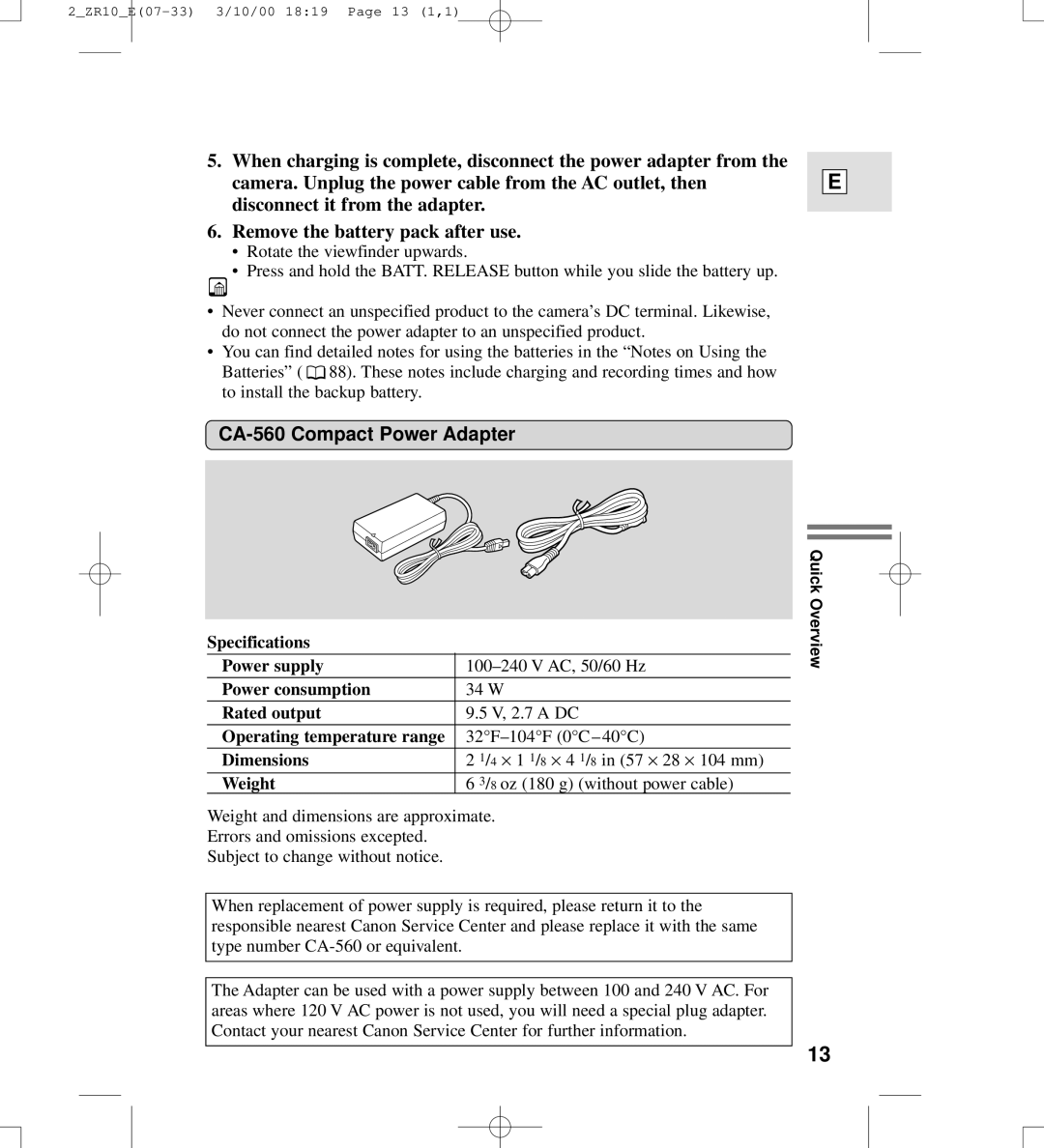 Canon zr10 instruction manual CA-560 Compact Power Adapter 