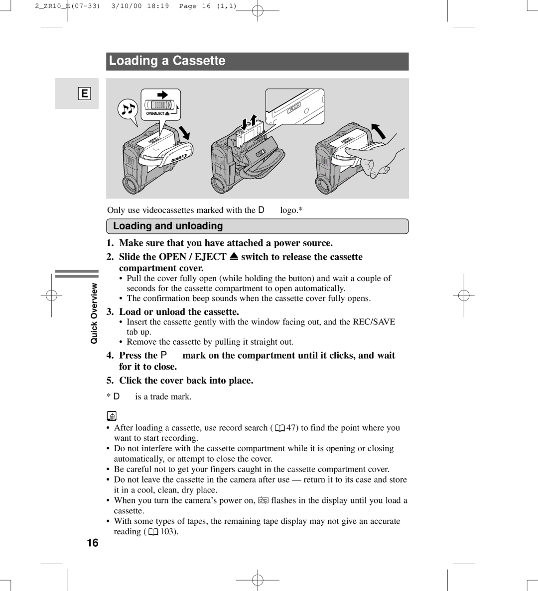 Canon zr10 instruction manual Loading a Cassette, Loading and unloading, Load or unload the cassette 