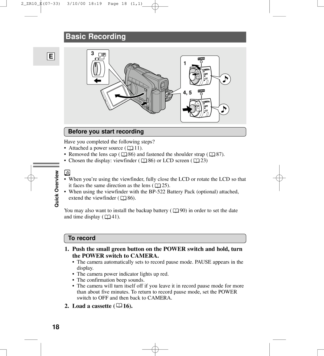 Canon zr10 instruction manual Basic Recording, Before you start recording, To record, Load a cassette 