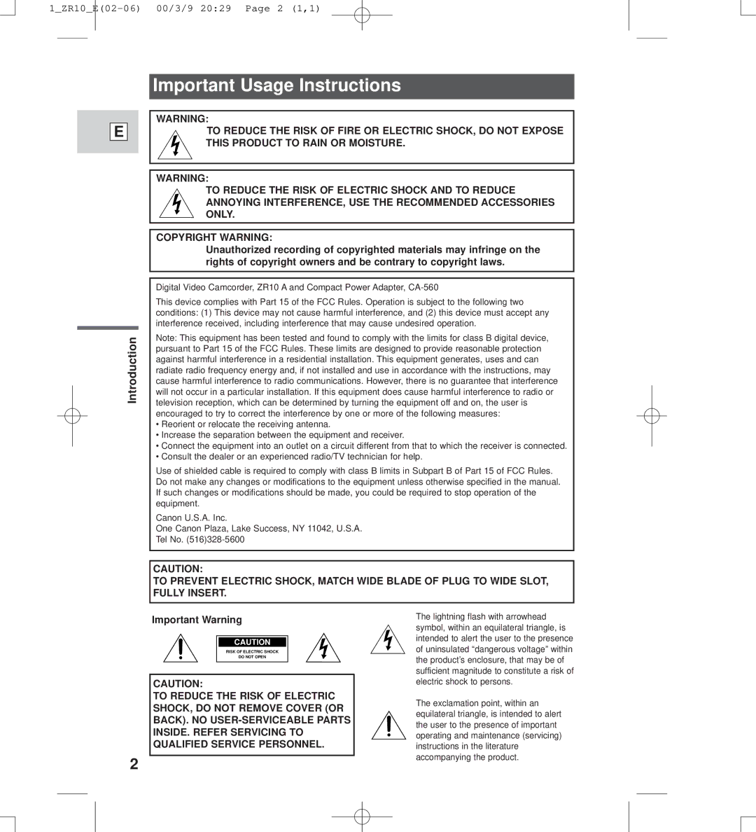 Canon zr10 instruction manual Important Usage Instructions 