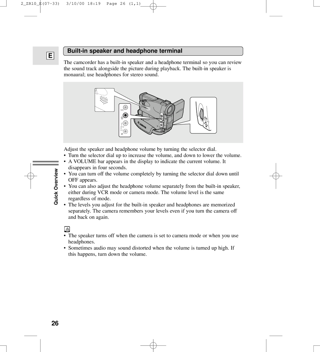 Canon zr10 instruction manual Built-in speaker and headphone terminal 