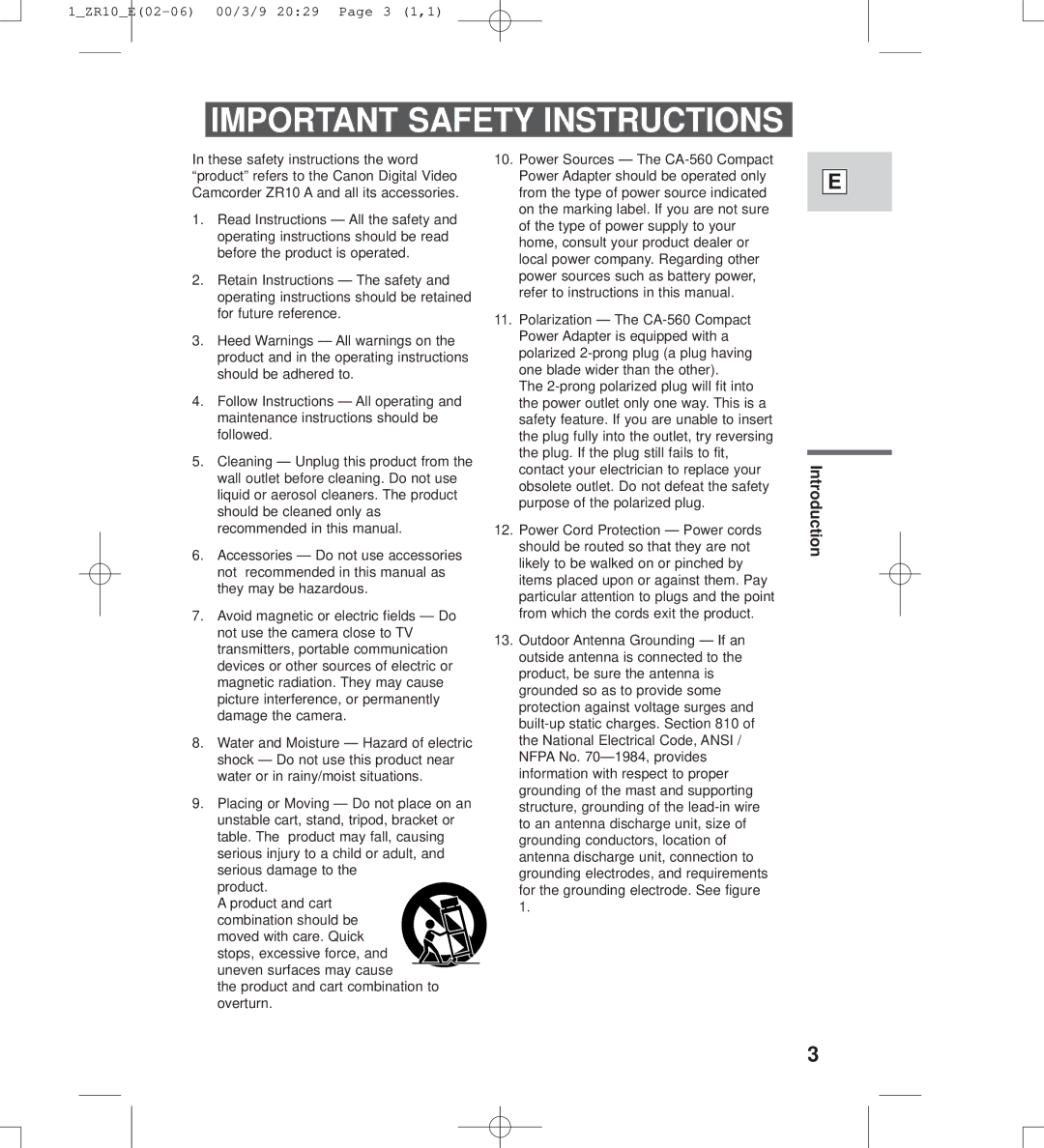 Canon zr10 instruction manual Important Safety Instructions 