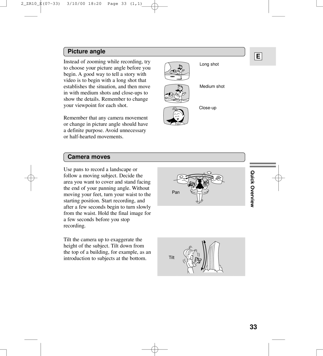 Canon zr10 instruction manual Picture angle, Camera moves 