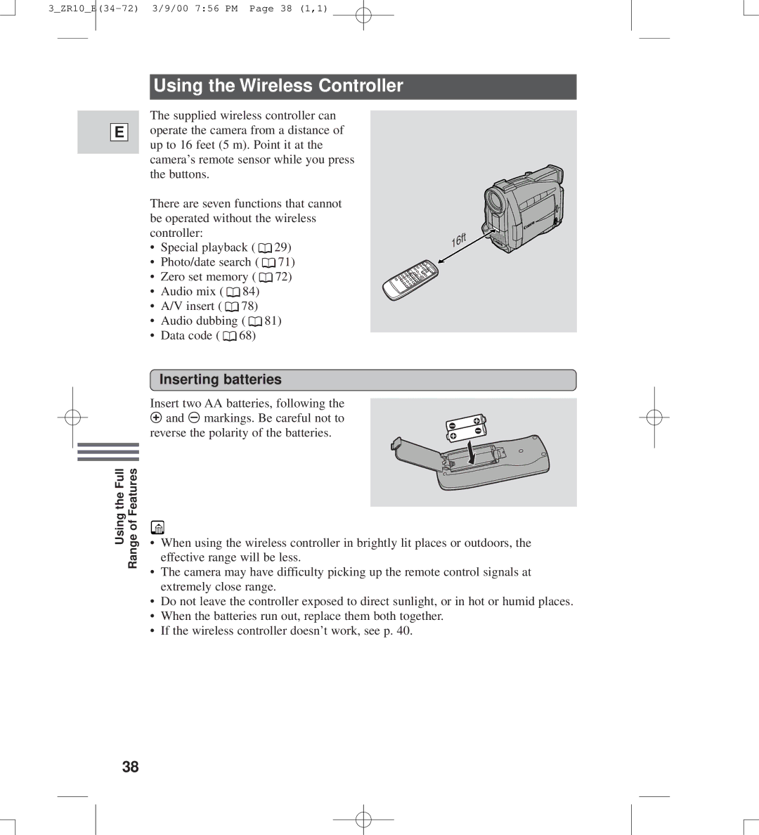 Canon zr10 instruction manual Using the Wireless Controller, Inserting batteries 