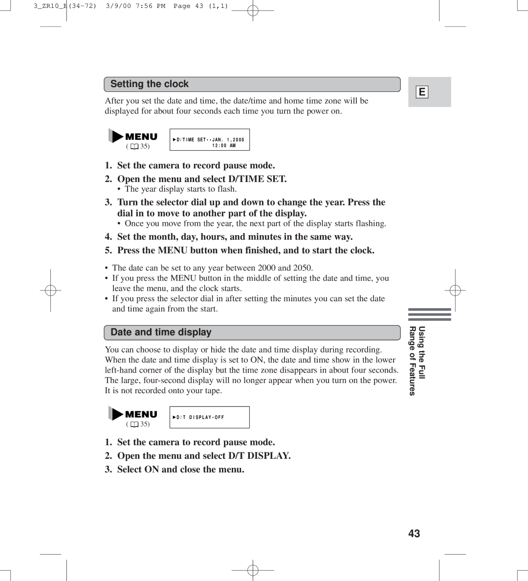 Canon zr10 instruction manual Setting the clock, Date and time display 