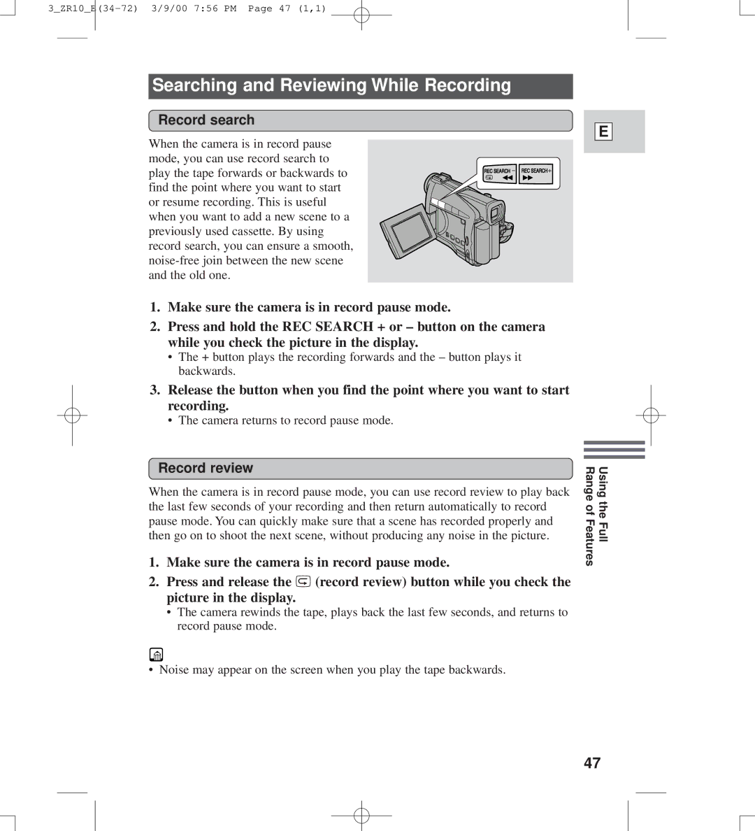 Canon zr10 instruction manual Searching and Reviewing While Recording, Record search, Record review 