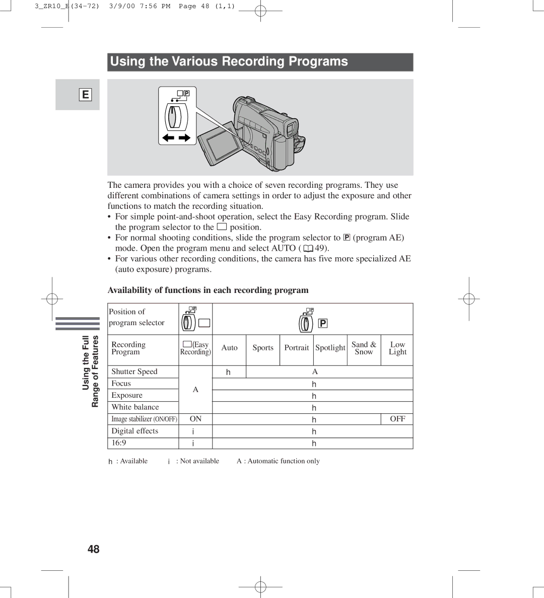 Canon zr10 instruction manual Using the Various Recording Programs, Availability of functions in each recording program 