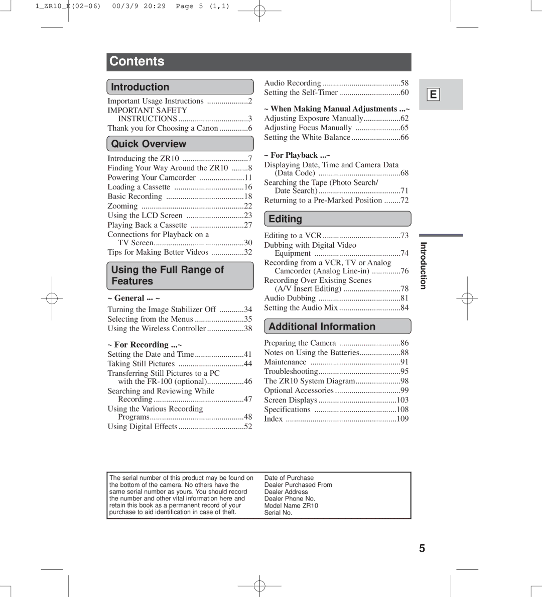 Canon zr10 instruction manual Contents 