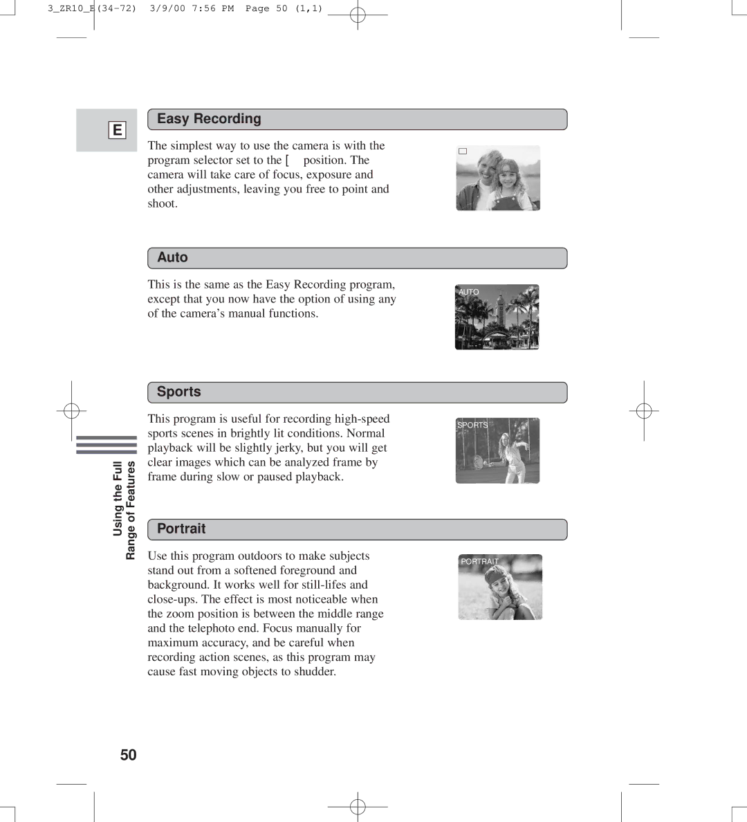 Canon zr10 instruction manual Easy Recording, Auto, Sports, Portrait 