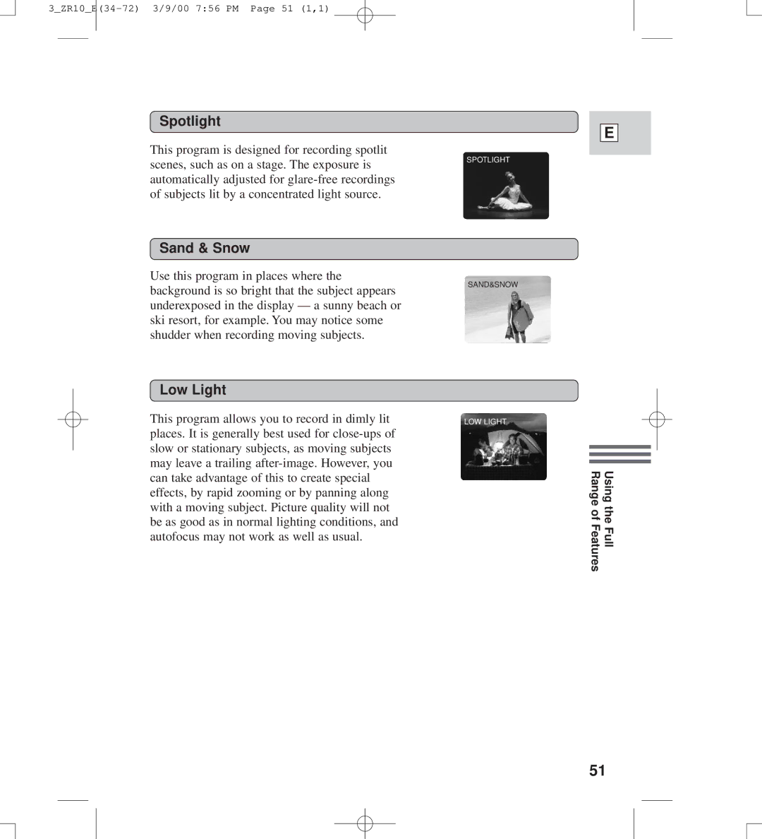 Canon zr10 instruction manual Spotlight, Sand & Snow, Low Light 