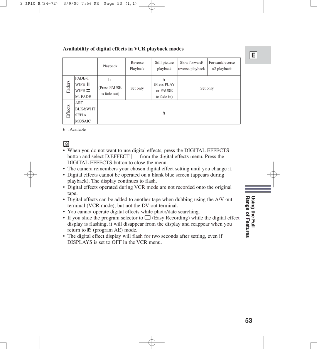 Canon zr10 instruction manual Availability of digital effects in VCR playback modes, Effects Faders 