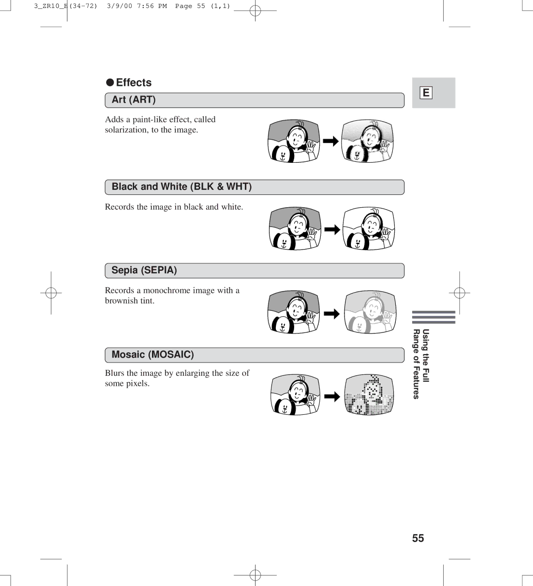 Canon zr10 instruction manual Effects, Art ART, Black and White BLK & WHT, Sepia Sepia, Mosaic Mosaic 
