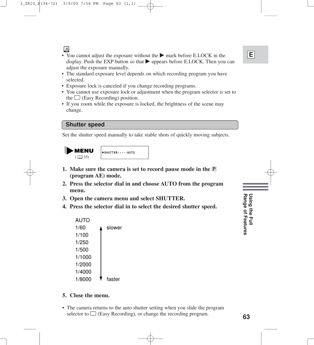 Canon zr10 instruction manual Shutter speed, Close the menu 