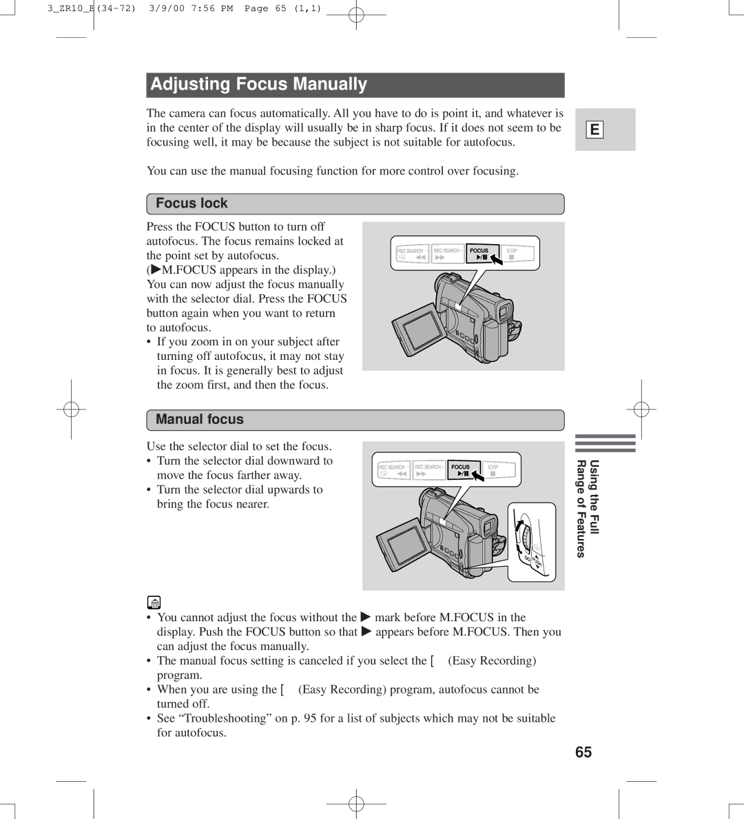 Canon zr10 instruction manual Adjusting Focus Manually, Focus lock, Manual focus 