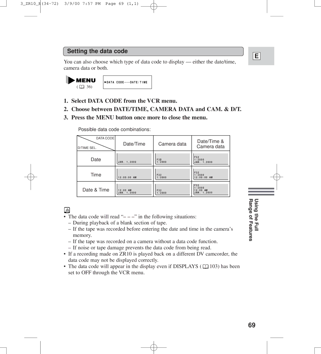 Canon zr10 instruction manual Setting the data code, Select Data Code from the VCR menu 