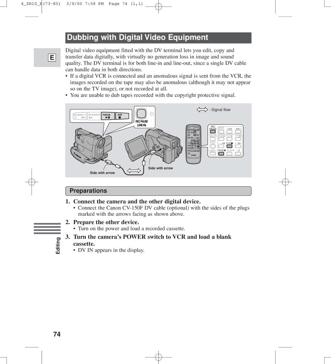 Canon zr10 Dubbing with Digital Video Equipment, Connect the camera and the other digital device, Prepare the other device 