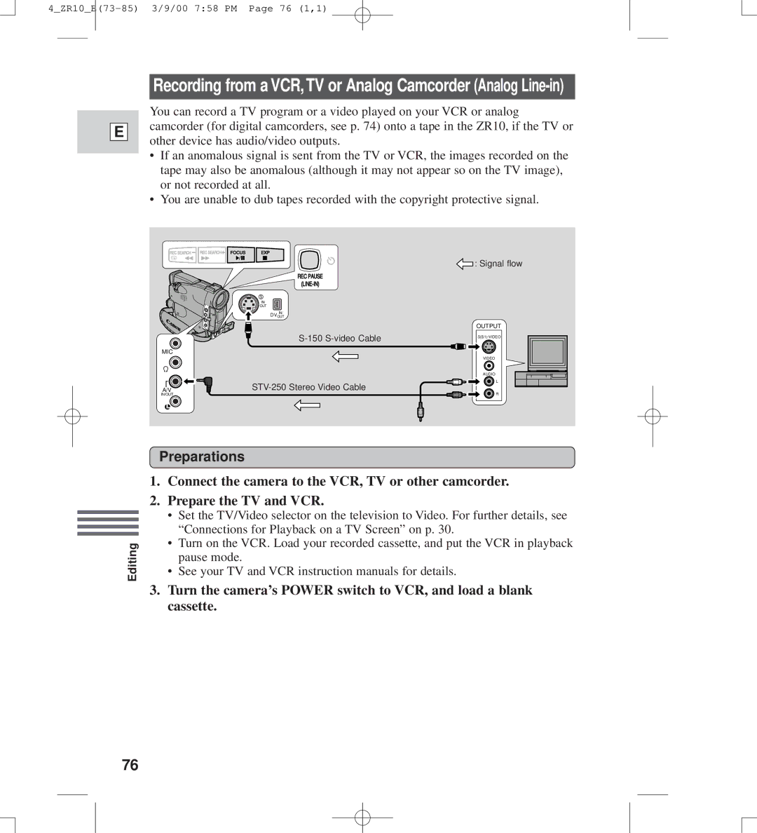 Canon zr10 instruction manual Recording from a VCR,TV or Analog Camcorder Analog Line-in 