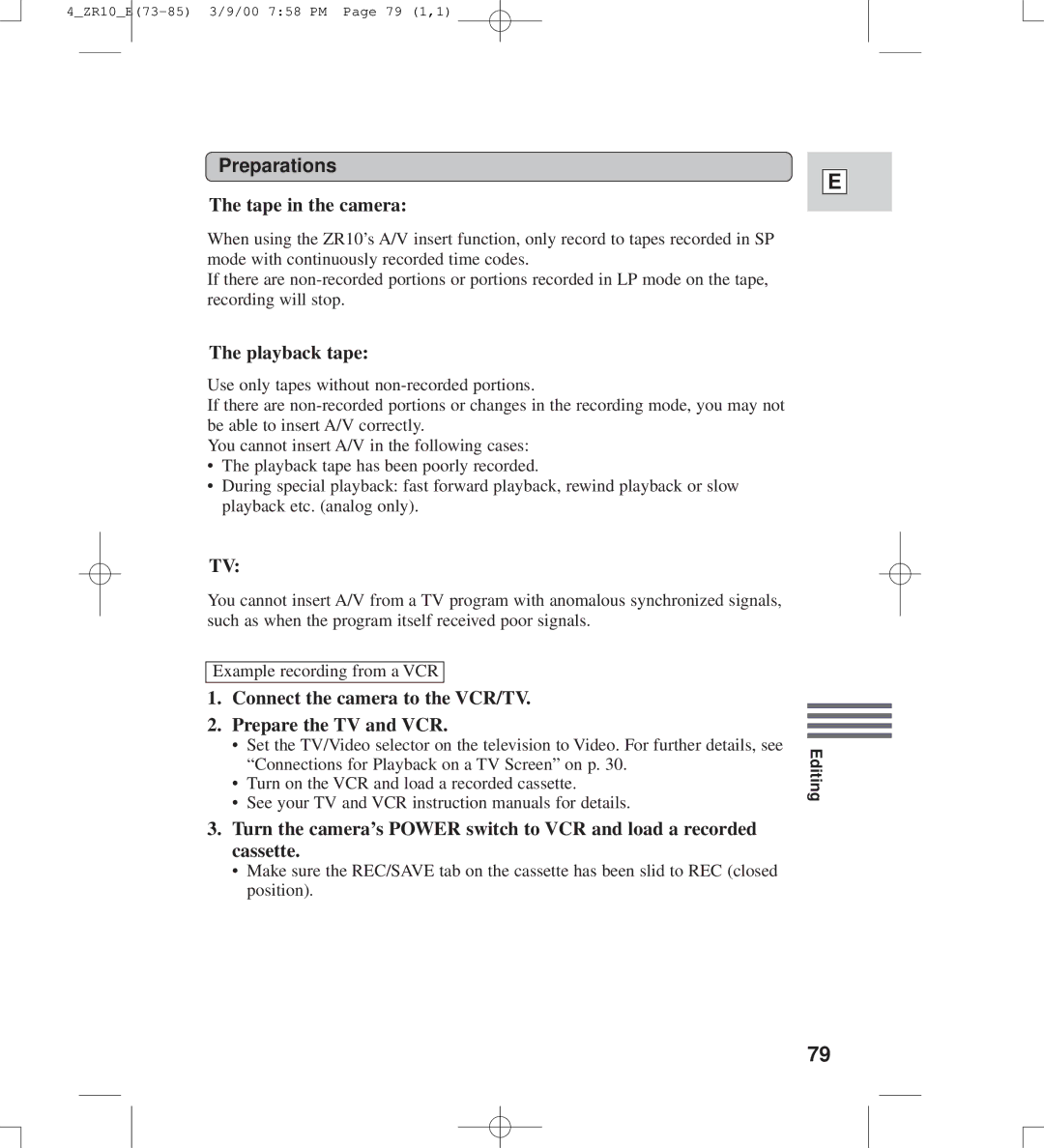 Canon zr10 instruction manual Tape in the camera, Playback tape, Connect the camera to the VCR/TV Prepare the TV and VCR 