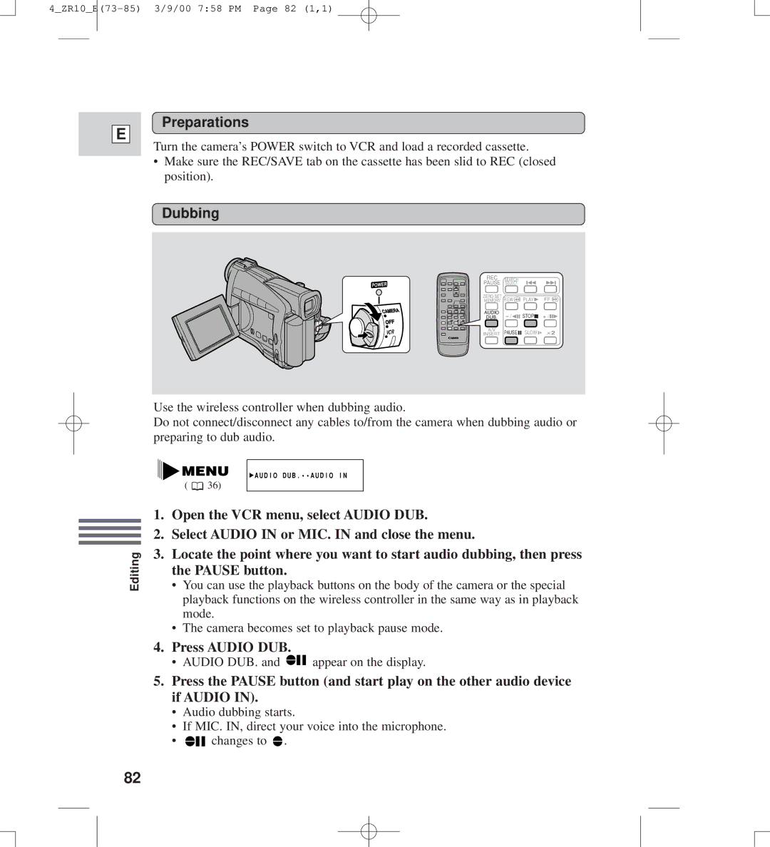 Canon zr10 instruction manual Preparations, Press Audio DUB 