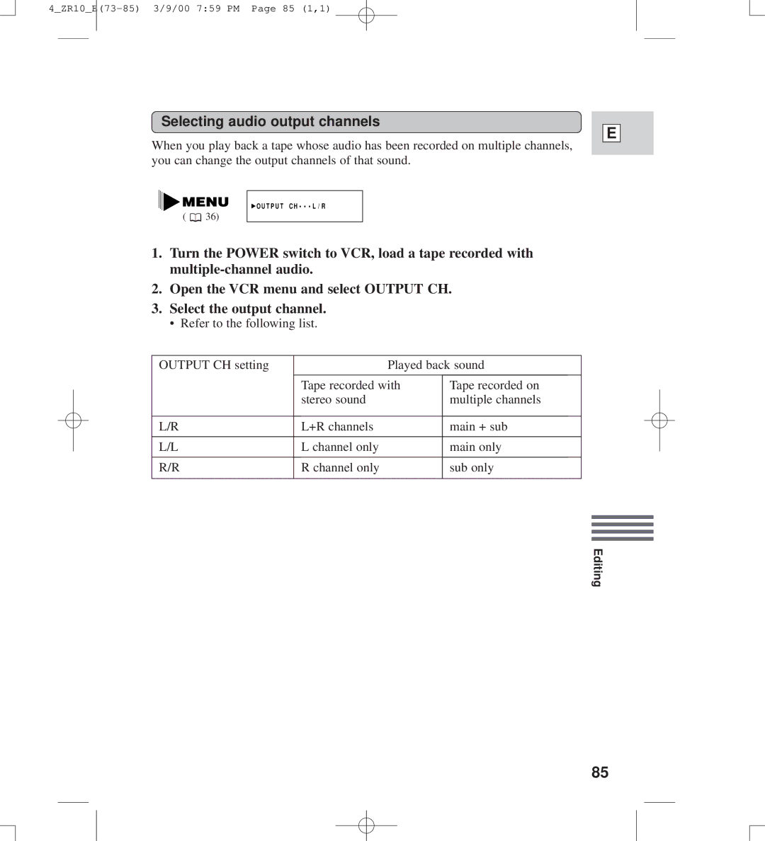 Canon zr10 instruction manual Selecting audio output channels 