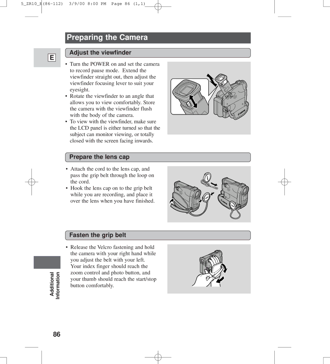 Canon zr10 instruction manual Preparing the Camera, Adjust the viewfinder, Prepare the lens cap, Fasten the grip belt 