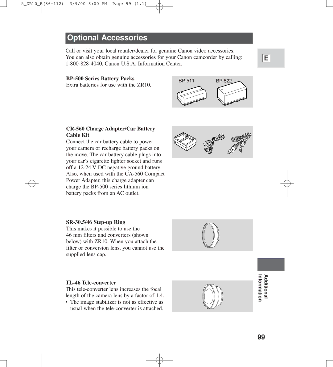 Canon zr10 Optional Accessories, BP-500 Series Battery Packs, CR-560 Charge Adapter/Car Battery Cable Kit 