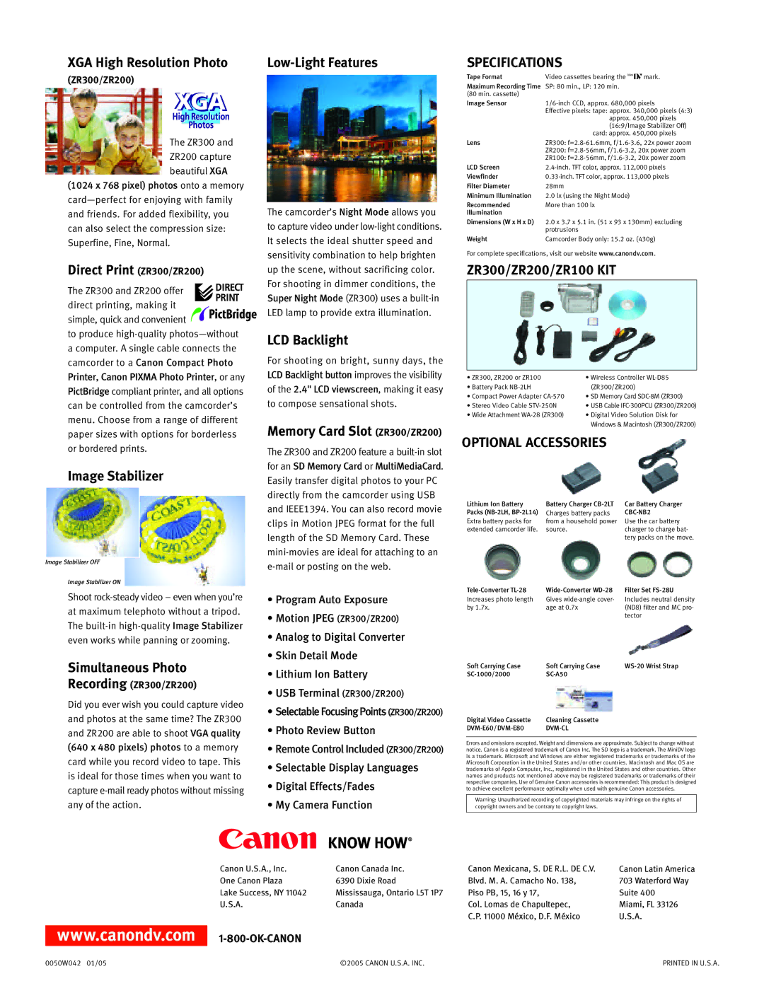 Canon ZR100 manual XGA High Resolution Photo, Direct Print ZR300/ZR200, Image Stabilizer, Low-Light Features, LCD Backlight 