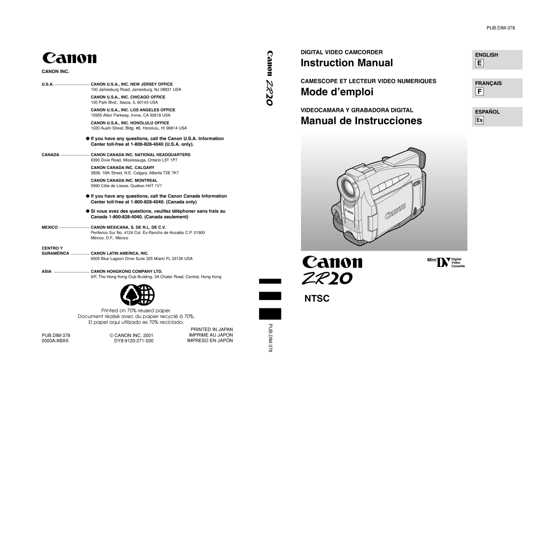 Canon ZR20 instruction manual Mode d’emploi 