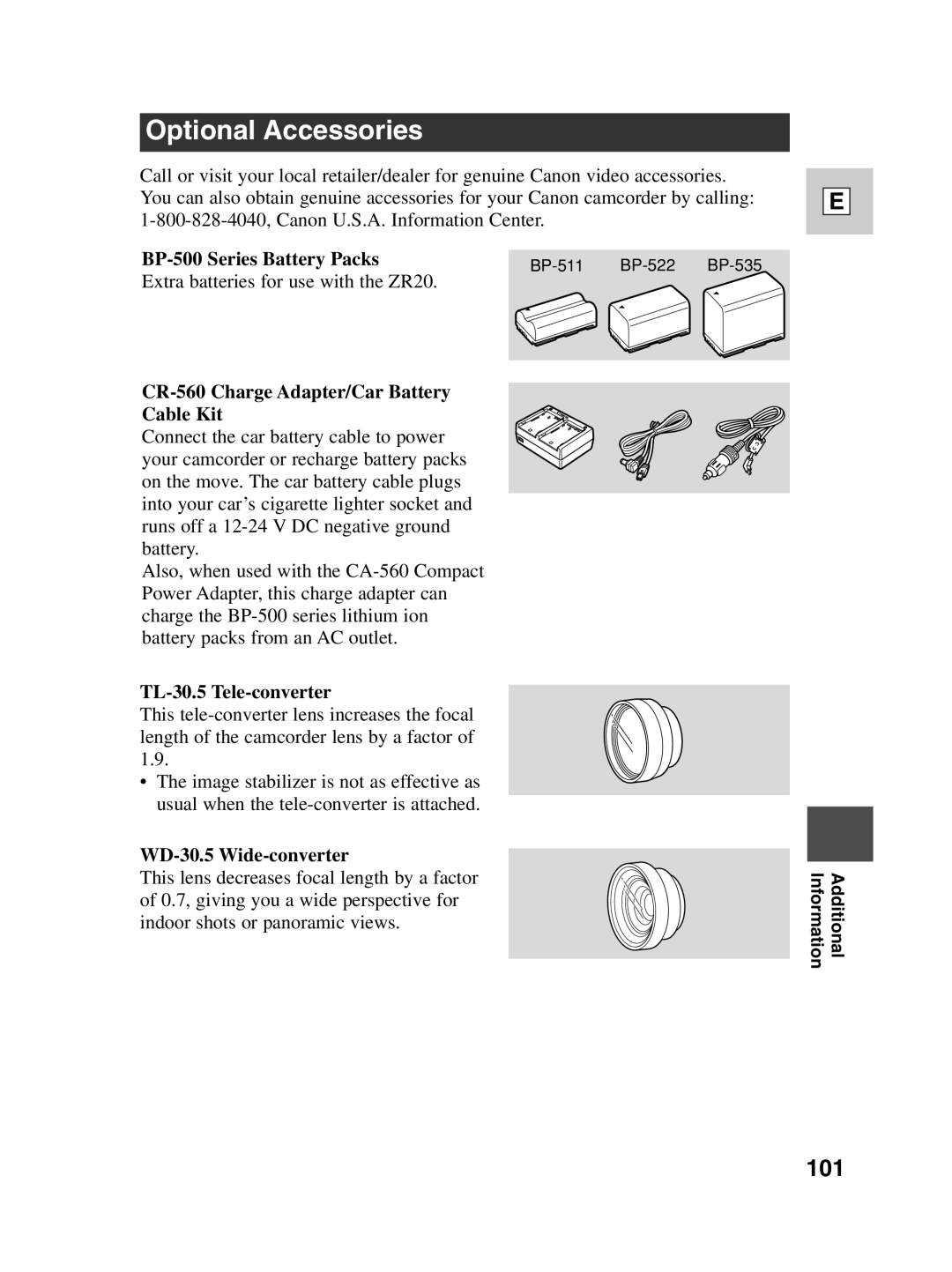 Canon ZR20 Optional Accessories, BP-500 Series Battery Packs, CR-560 Charge Adapter/Car Battery Cable Kit 