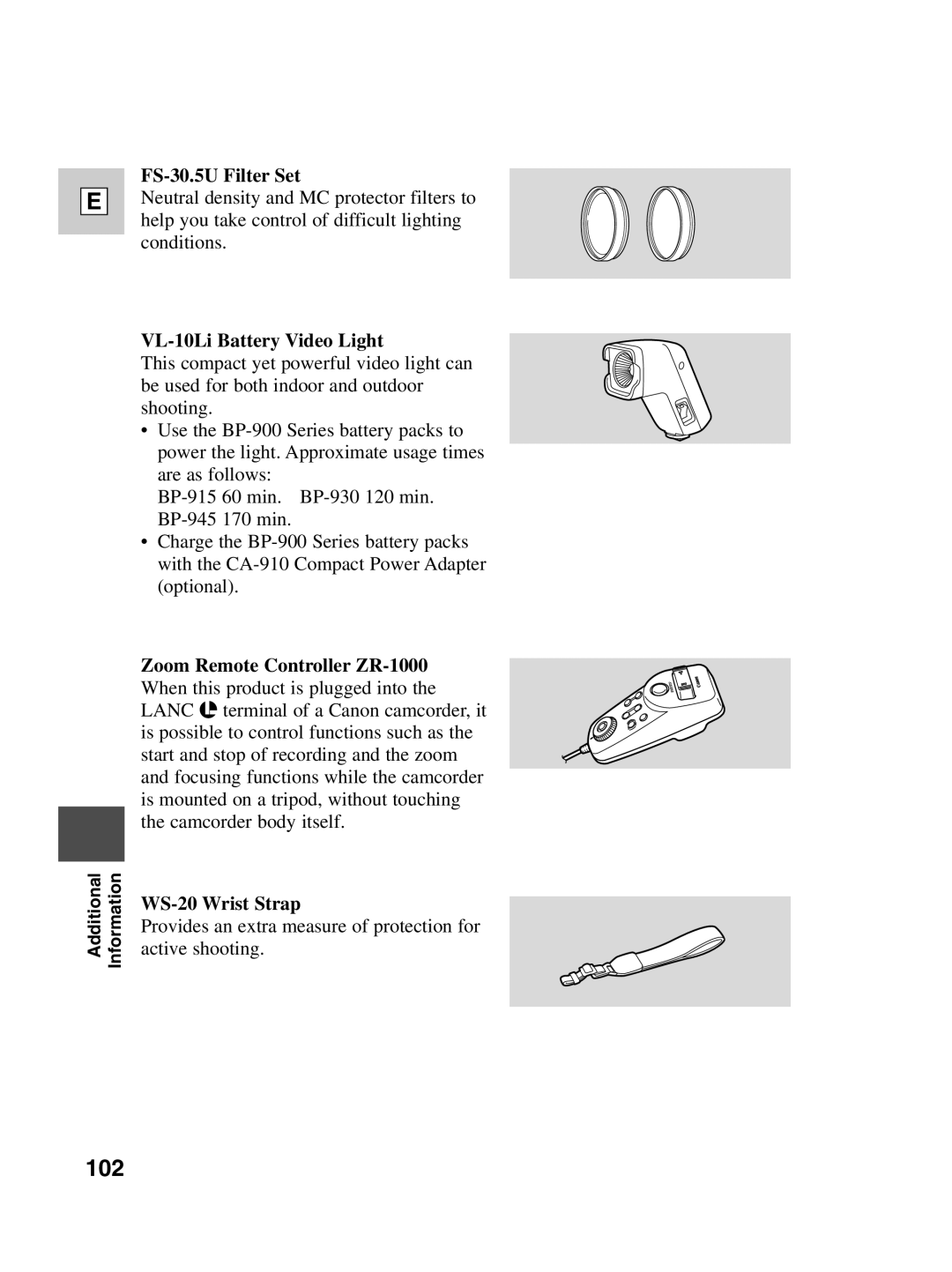 Canon ZR20 instruction manual FS-30.5U Filter Set, VL-10Li Battery Video Light 