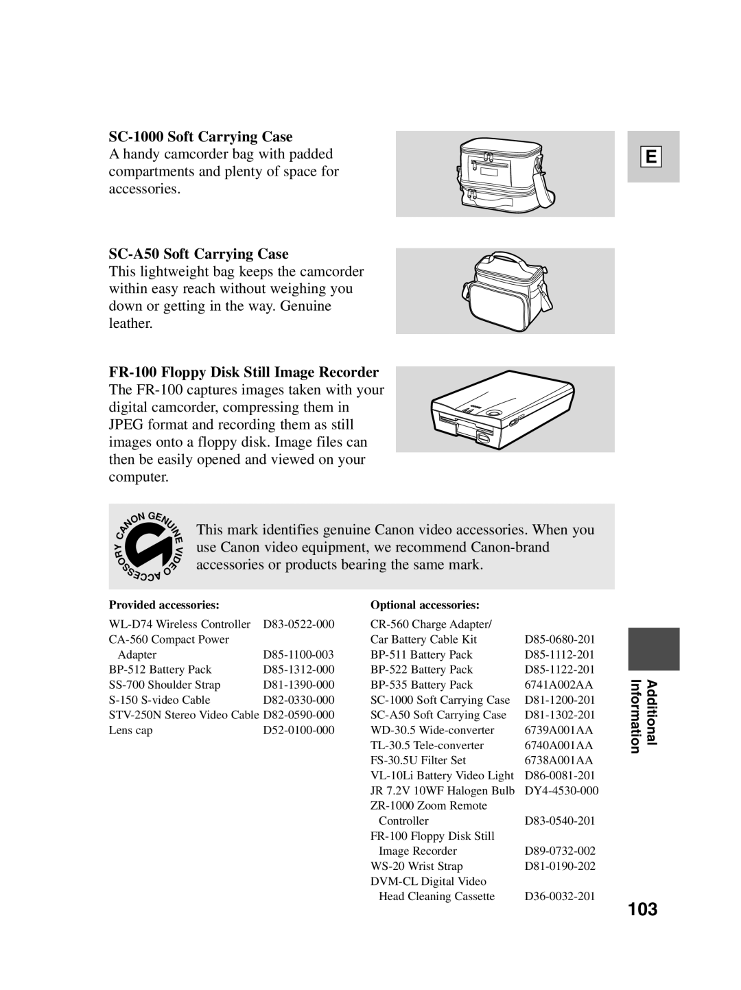 Canon ZR20 instruction manual SC-1000 Soft Carrying Case, SC-A50 Soft Carrying Case 