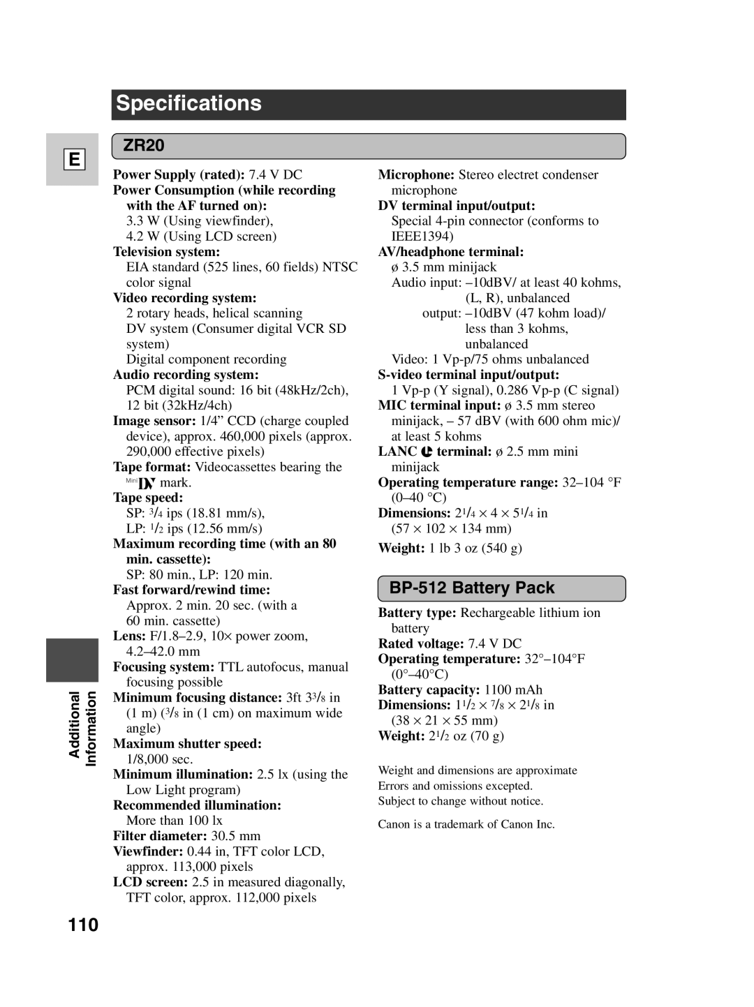 Canon ZR20 instruction manual Specifications, BP-512 Battery Pack 