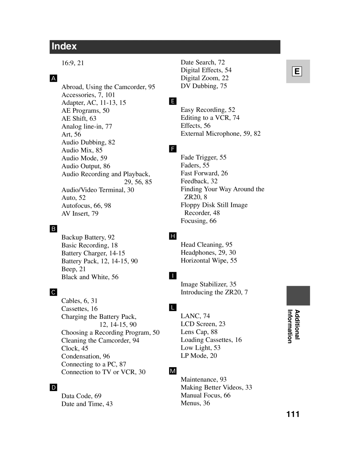 Canon ZR20 instruction manual Index, 111 