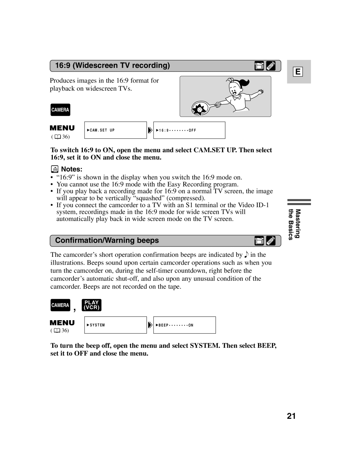 Canon ZR20 instruction manual Widescreen TV recording, Confirmation/Warning beeps 