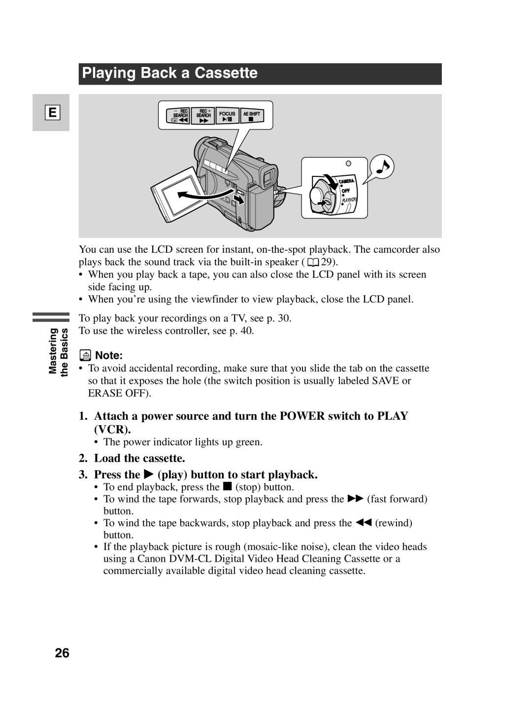 Canon ZR20 instruction manual Playing Back a Cassette, Attach a power source and turn the Power switch to Play VCR 