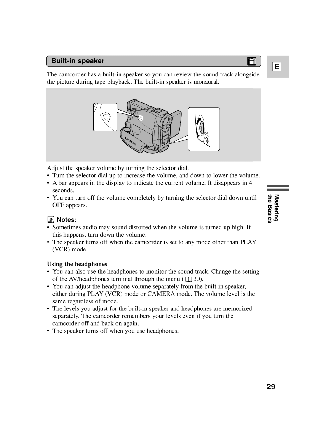 Canon ZR20 instruction manual Built-in speaker, Using the headphones 