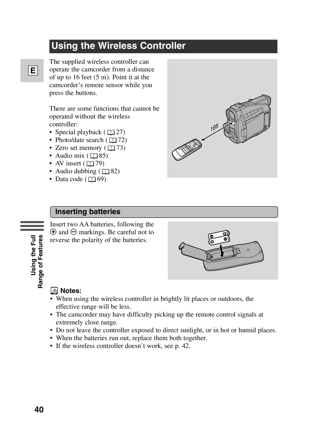 Canon ZR20 instruction manual Using the Wireless Controller, Inserting batteries 