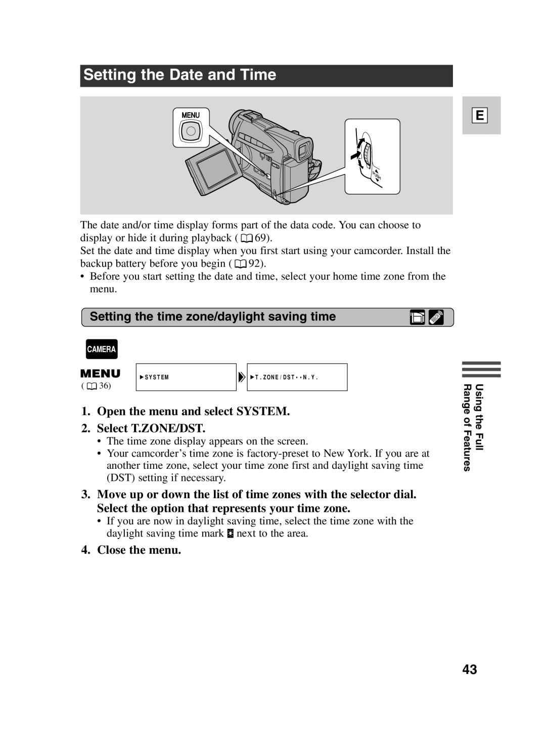 Canon ZR20 instruction manual Setting the Date and Time, Setting the time zone/daylight saving time, Close the menu 