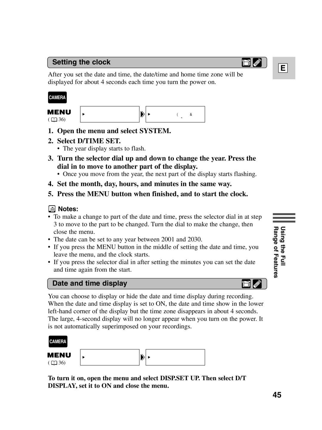 Canon ZR20 instruction manual Setting the clock, Open the menu and select System Select D/TIME SET, Date and time display 