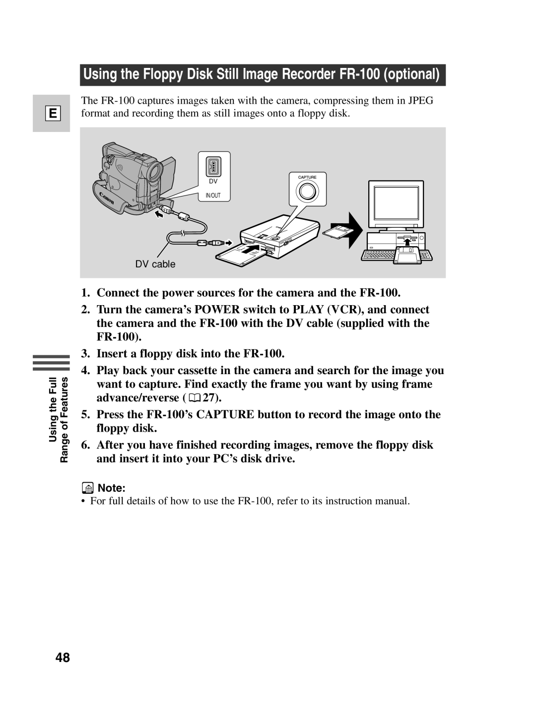 Canon ZR20 instruction manual Using the Floppy Disk Still Image Recorder FR-100 optional 