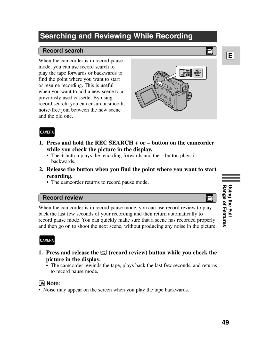 Canon ZR20 instruction manual Searching and Reviewing While Recording, Record search, Record review 