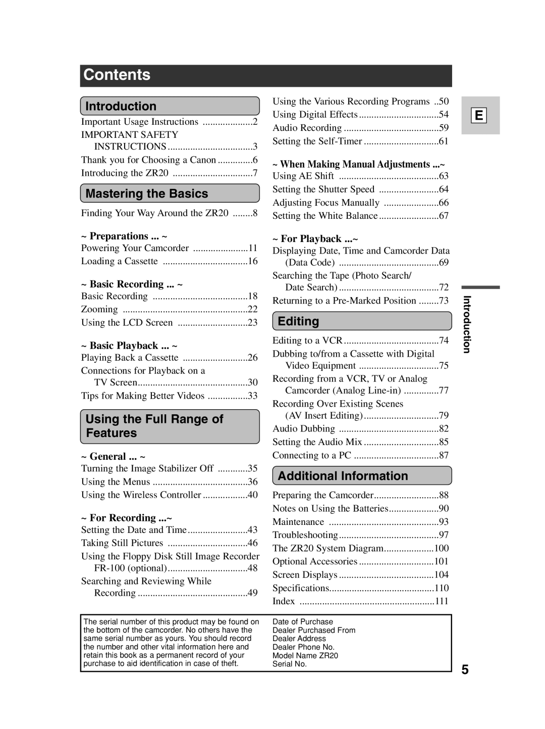 Canon ZR20 instruction manual Contents 